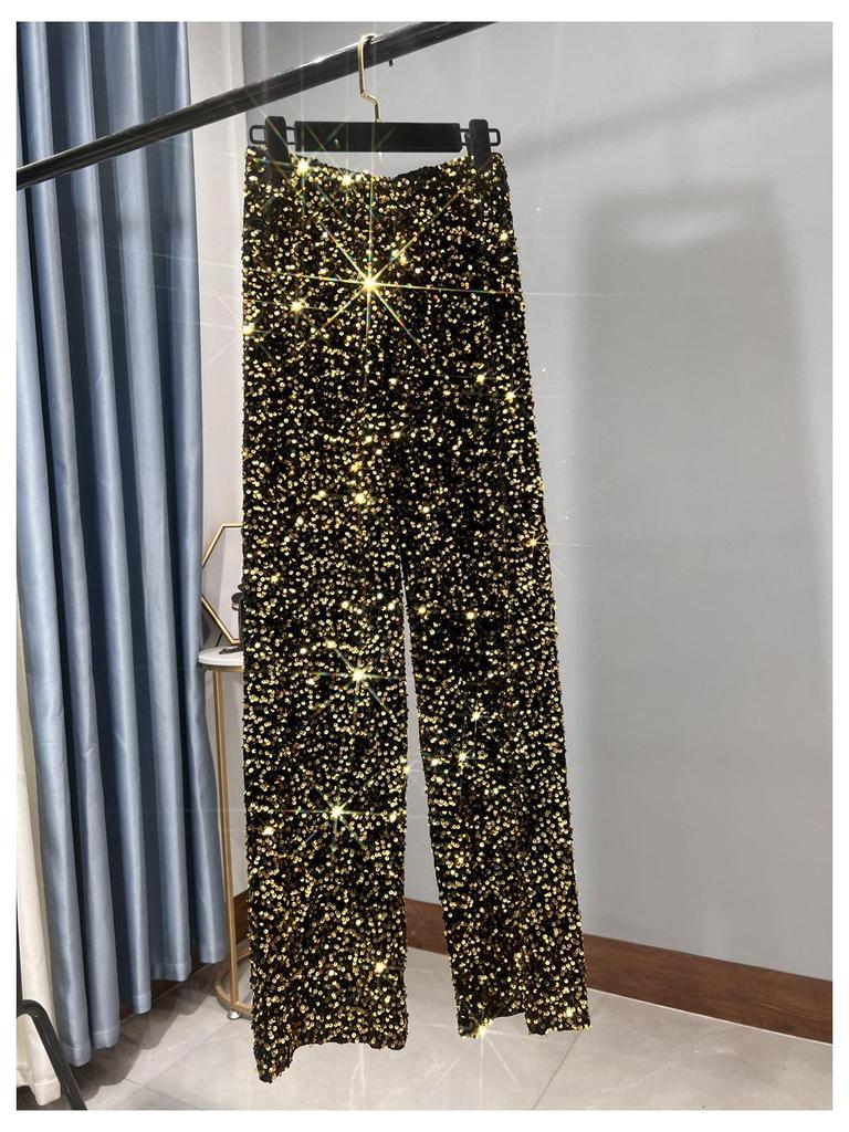 Women's Korean Velvet Sequined Wide-Leg Pants: Slim-Fit, Floor-Length, Shiny Drape Casual Wear for Autumn and Winter