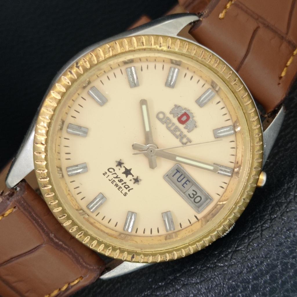 Orient КРИСТАЛЛ АВТОМАТИЧЕСКИЕ 46941 ЯПОНИЯ МУЖСКИЕ ВИНТАЖНЫЕ ЧАСЫ С КРЕМОВЫМ ЦИФЕРБЛАТОМ a703414-1