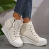 Fashion Black High Top Canvas Sneakers Shoes for Women Classic Platform Wedge Heel Casual Shoes Woman Fashion Zipper Lace Up Ankle Boots
