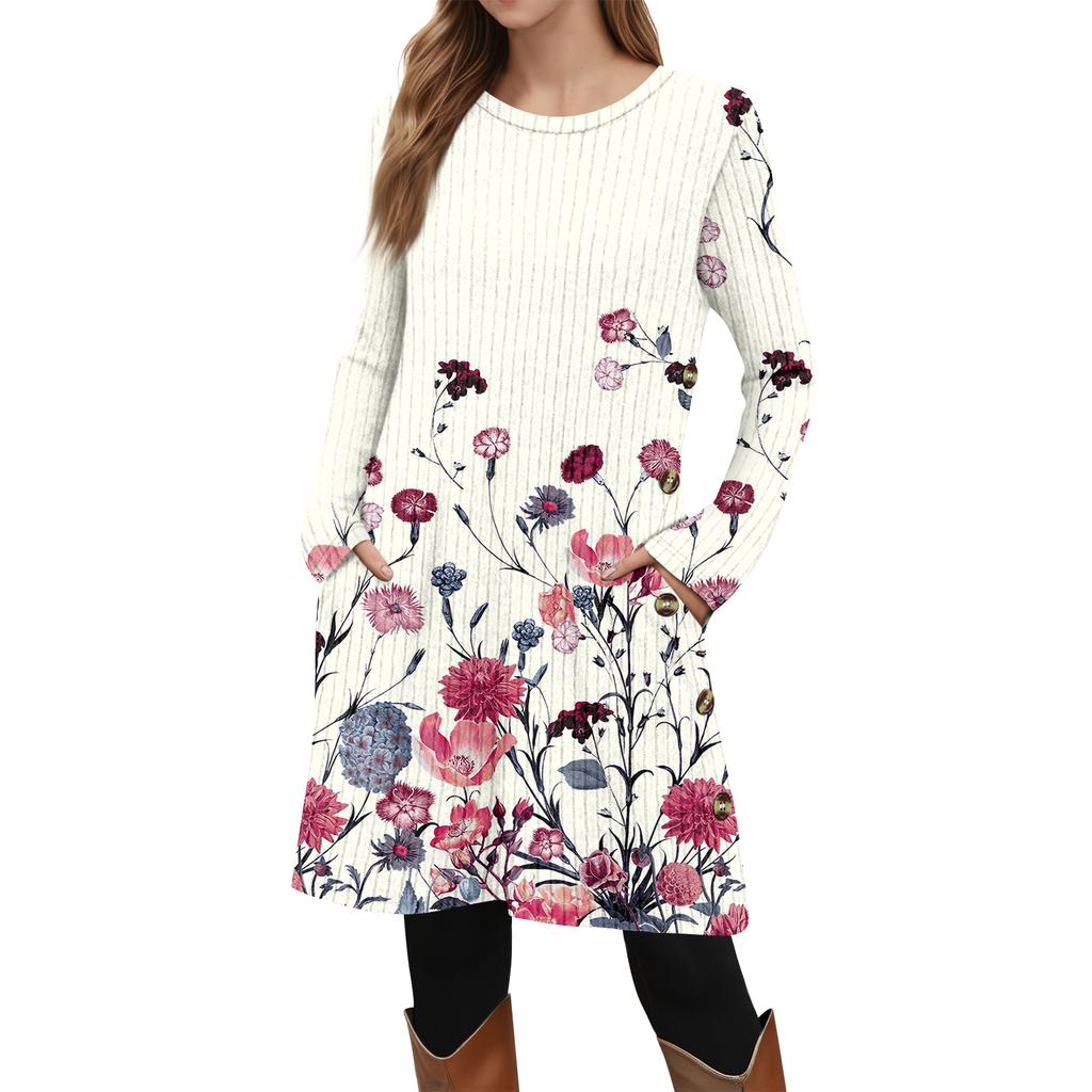 Женское модное повседневное платье-туника с длинным рукавом и карманами, платье с боковыми пуговицами