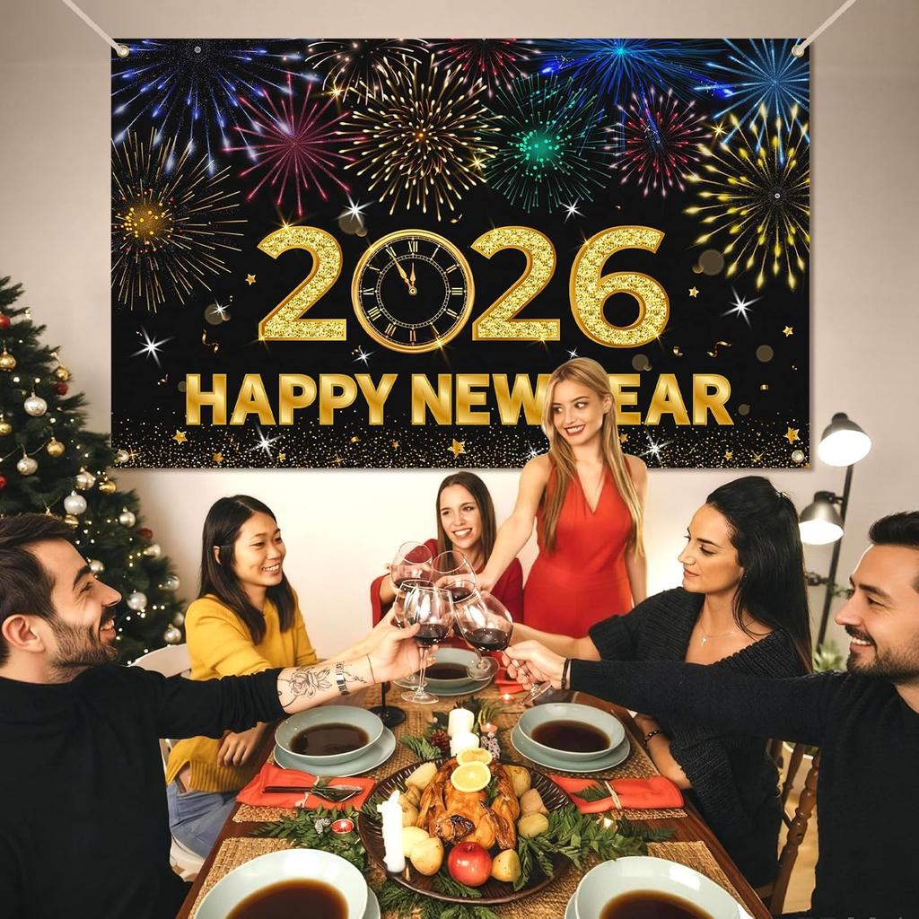 2026 Happy New Year Banner, 72x44 Inches - Golden Fabric New Year Backdrop for New Year's Eve Celebration