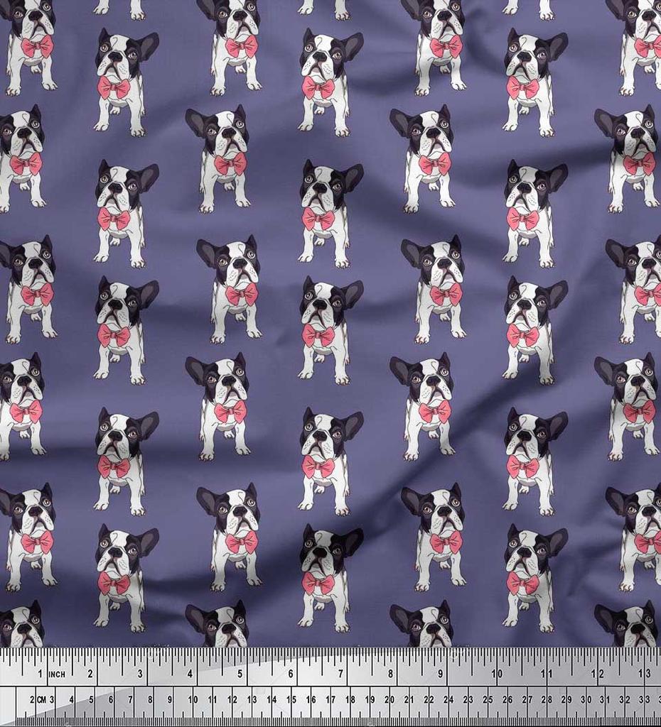 Soimoi Japan Crepe Satin Fabric Bow & Boston Terrier Dog Print Fabric by the Metre 42 Inch