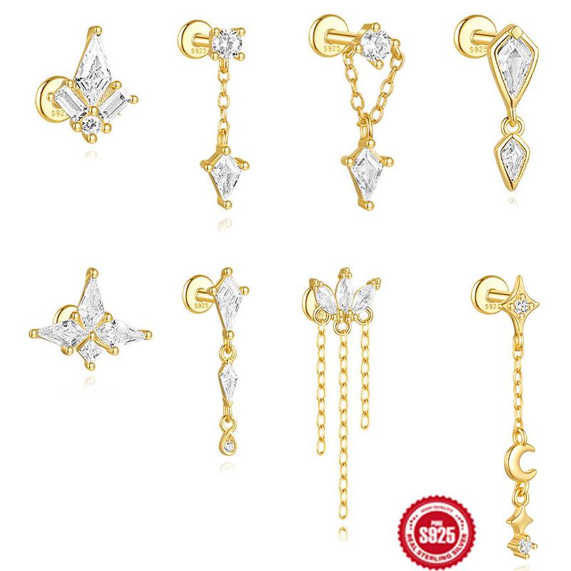 Стильный и простой Ins S925 стерлингового серебра Кайт камень с бриллиантами Плоская головка Внутренняя резьба Прокол Козелок серьга-пусет женская