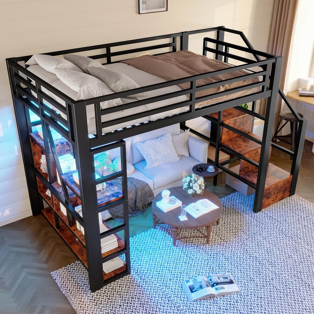 Loft Bed, 140 x 200 cm, Iron Frame, Safety Railing, Ladder, with LED Light Strip, Open Storage under the Bed, Mattress Not Included, Black