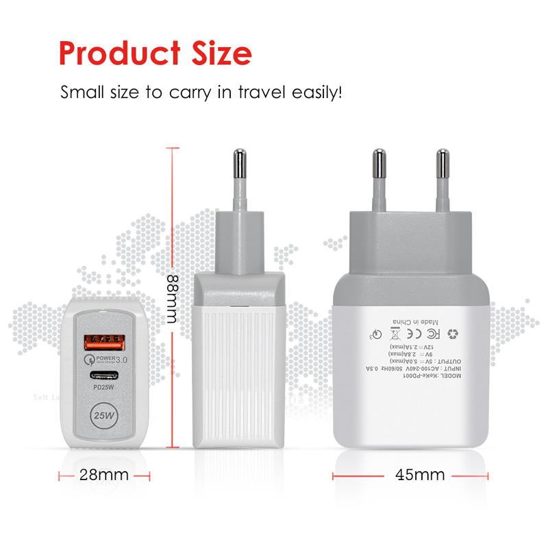 PD 25 Вт 5 В/5 А 9 В/2,8 А 12 В/2,1 А Вилка ЕС/США Светодиодная подсветка 2 порта USB Адаптер Настенное зарядное устройство Быстрая зарядка QC 3.0 Мобильный телефон