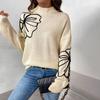 Women Autumn Winter Embroidery Large Flower Knitted Sweater Simple Senior Casual Half High Collar Pullover