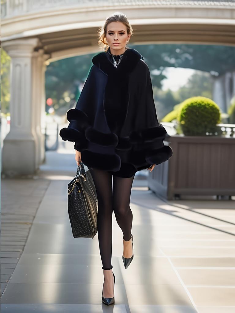 Women 2 Circle Faux Rabbit Fur Cape Poncho Winter Loose Warm Shawl Outerwear Cashmere Cloak Overcoat