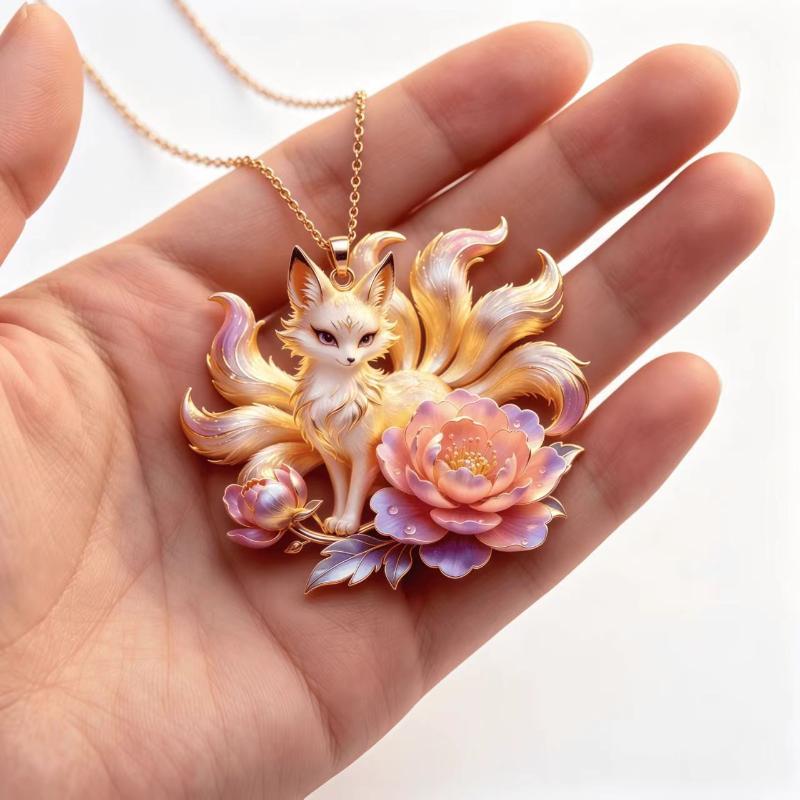 Nine Tailed Fox Enamel Pendant Necklace Exquisite Chinese Style Trendy Jewelry Ideal Anniversary Gift for Girlfriend
