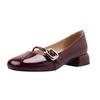 2024 New Square Head Thick Heel Commuting Soft Leather Low Heel Temperament Burgundy French Mary Jane Single Shoes Women