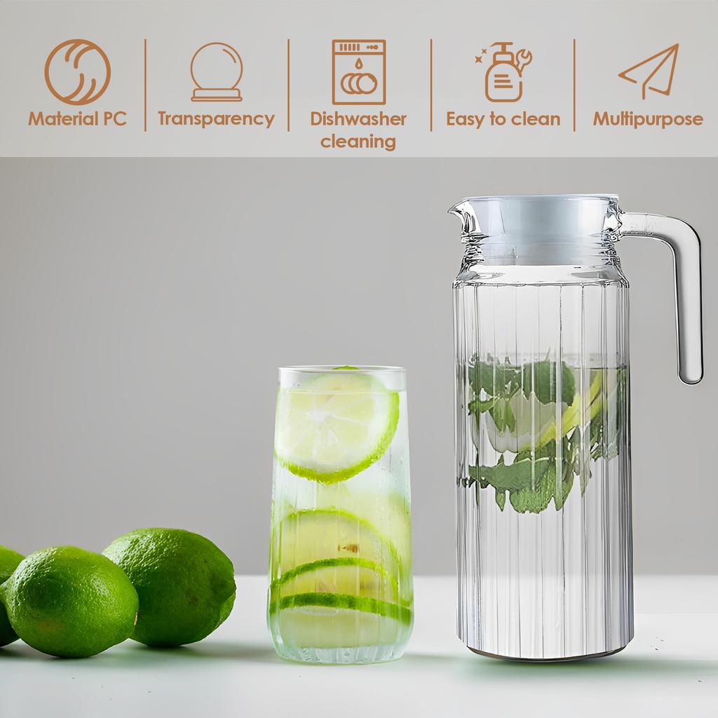 2Pack Plastic Pitcher with Lid 1.1L Water Jar with Ribbed Design BPA-Free Water Pitcher Clear Plastic Water Pitcher with Vented