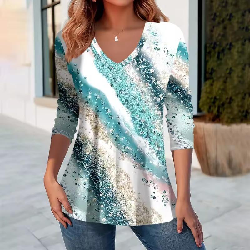 Женская футболка с цветочным графическим принтом, элегантная модная футболка, футболки с длинным рукавом, V-образный вырез, обычные топы, пуловер, осень-зима