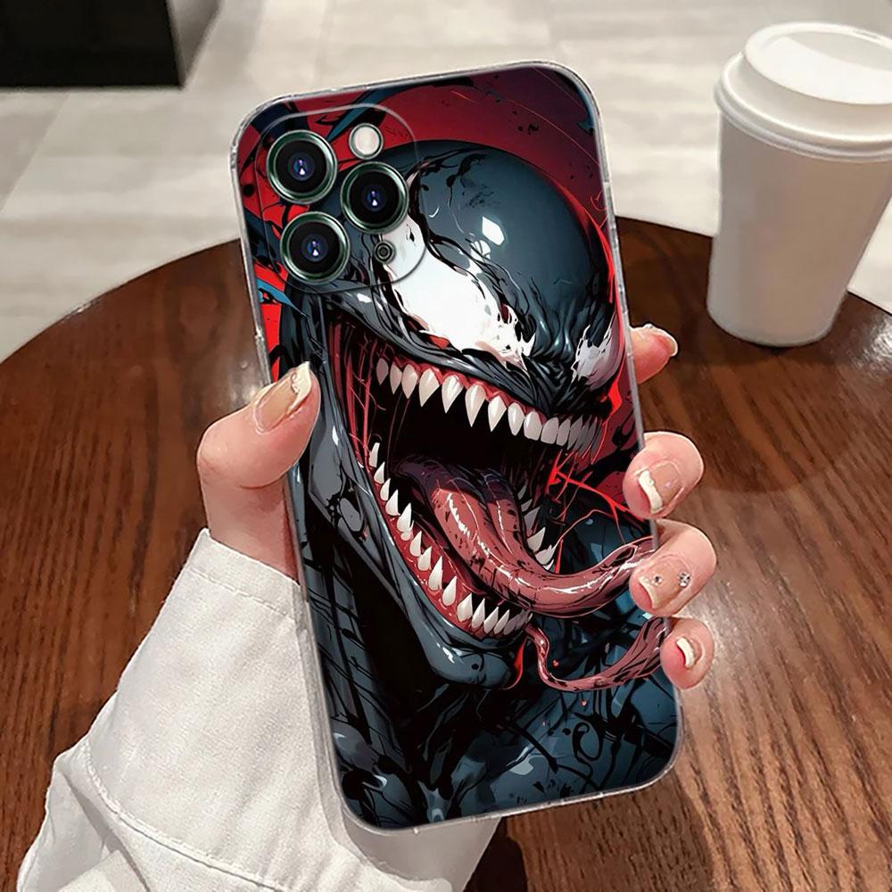 Marvel Black VENOM Art Transparent Phone Case For iPhone 17 Pro Max 17E 11 12 13 14 15 16 Pro Max Plus 17 Air 16E 7 X Soft Cover