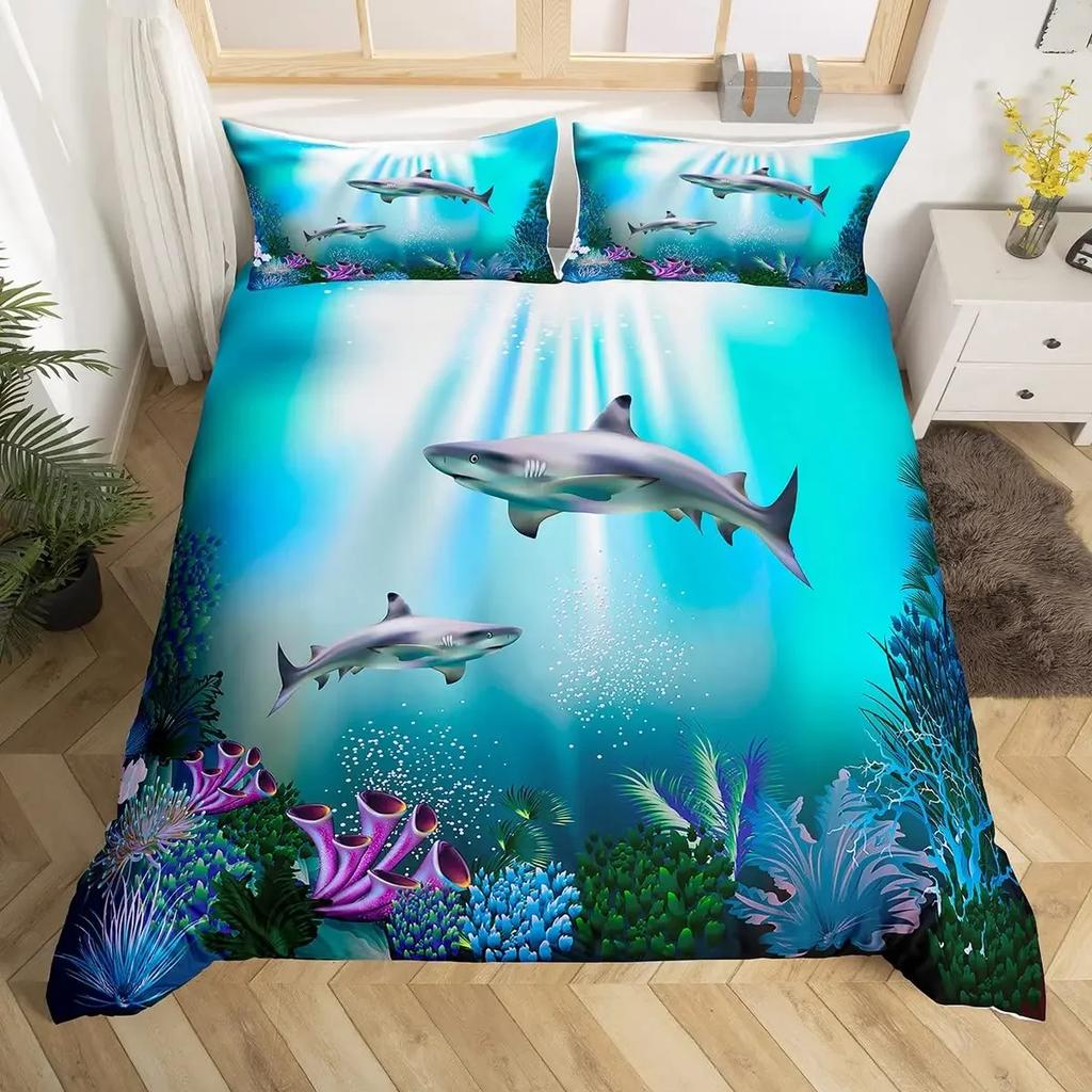Shark Fish Print Bedding Set Cute Underwater Animal Duvet Cover Set Wonderful Gifts For Children Teens Adult Comforter Cover Set