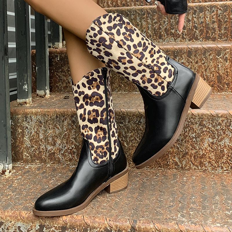 Модные сексуальные женские леопардовые сапоги с острым носком до середины голени из искусственной кожи с толстым каблуком в стиле пэчворк, размер плюс 43, осенне-зимняя женская обувь для подиума