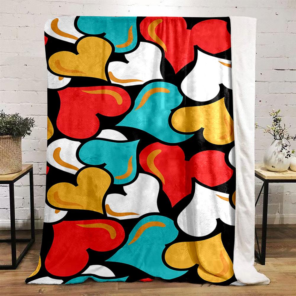 Colorful heart shapes in red, yellow, white, and blue on a black background. for all seasons blanket lunch break throw gift