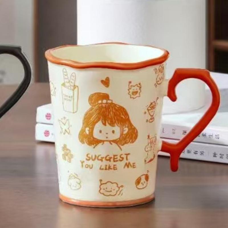 Креативная Персонализированная Пара с Крышкой и Ложкой Керамическая Чашка Высокого Внешнего Вида Большая Вместимость Кружка для Маленького Подарка для Девочек Чашка для Воды для Домашнего Использования