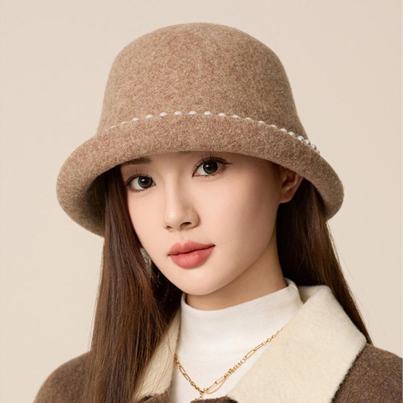 Pearl Wool Top Hat Women's Dome Hat Autumn Winter Warm Bucket Hat