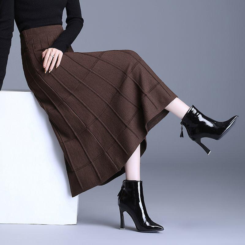 Вязаная зимняя юбка, женская полуюбка, осень/зима 2023, новая шерстяная юбка-трапеция, большая распашная юбка с пальто, полуюбка, женские топы