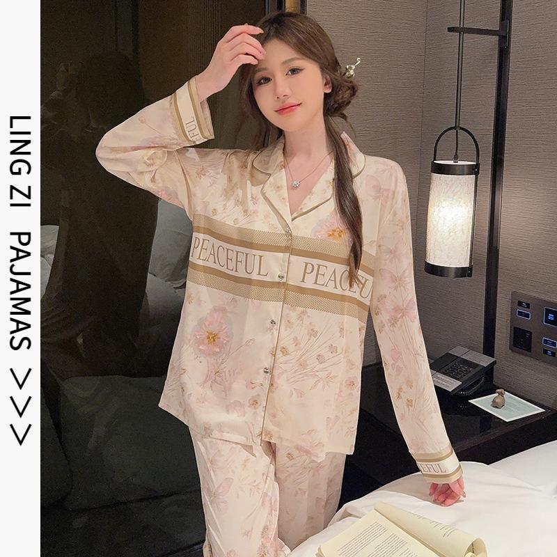 1011 new ice silk pajamas women's khaki gold butterfly printing long-sleeved trousers can be worn outside loungewear suit