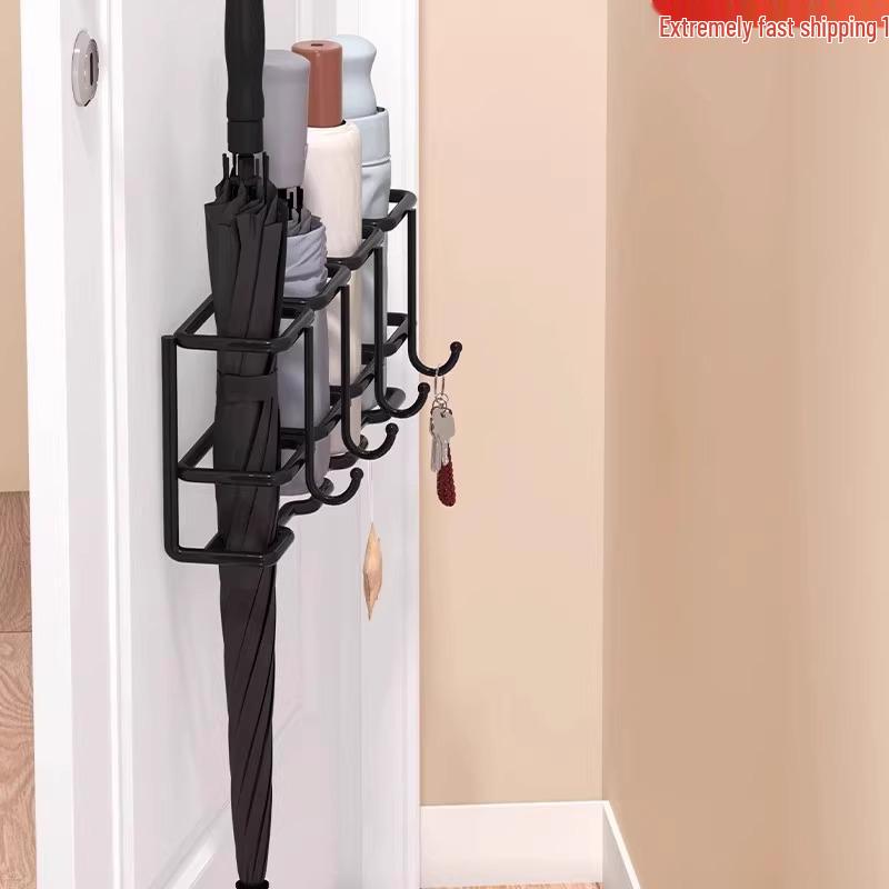 Wall-Mounted Entryway Umbrella Rack with Hooks