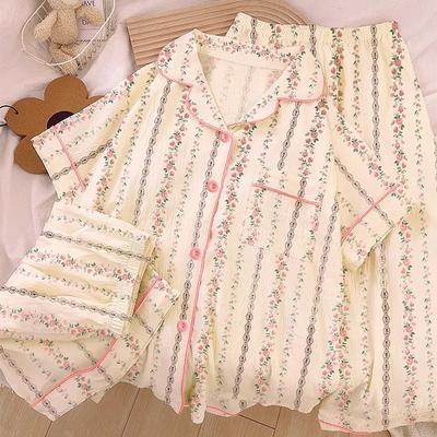 Пасторальная Цветочная Полосатая Весенне-Летняя Пижама Женская Облачный Хлопок С Коротким Рукавом Тройка Домашняя Одежда