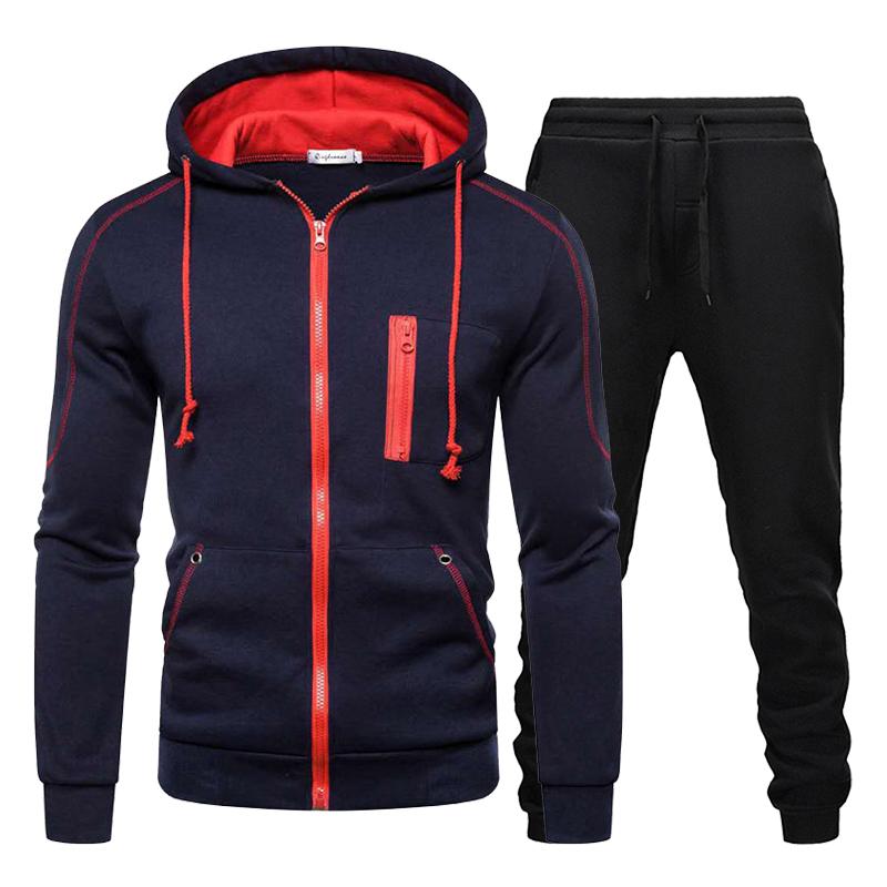 Men's Fall and Winter Warm Sports Suit Long-sleeved Lined Padded Hoodie + Pants 2-piece Set