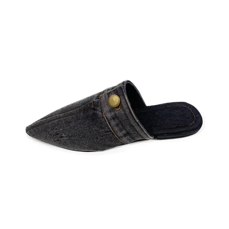 Fashion Washed Denim Flat-bottomed Bag Head Slippers, Women Wear Large-size Pointed Mueller Half-tow Single Shoes
