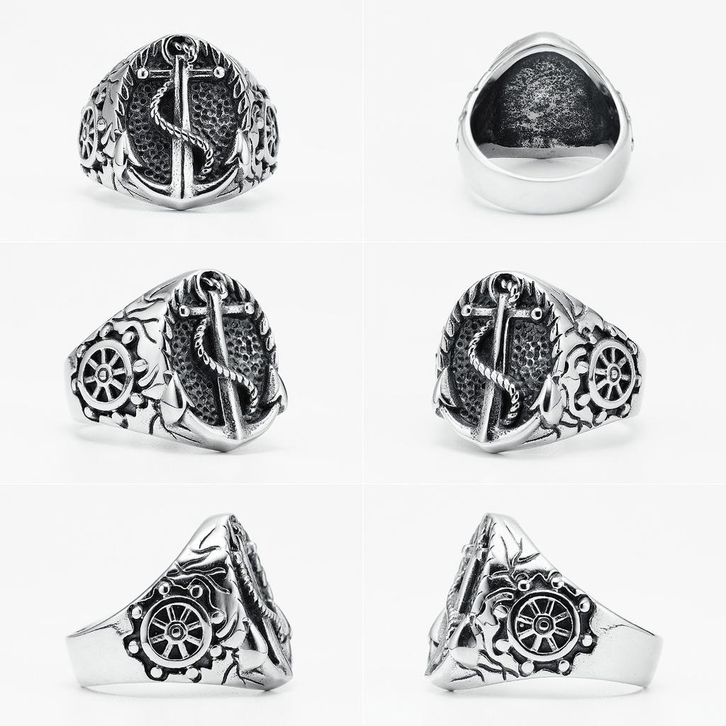 Кольцо в стиле ретро с якорем из нержавеющей стали 316L, мужские кольца, штурман, капитан, руль, скала, для байкера, мужчины, парня, ювелирные изделия, лучший подарок