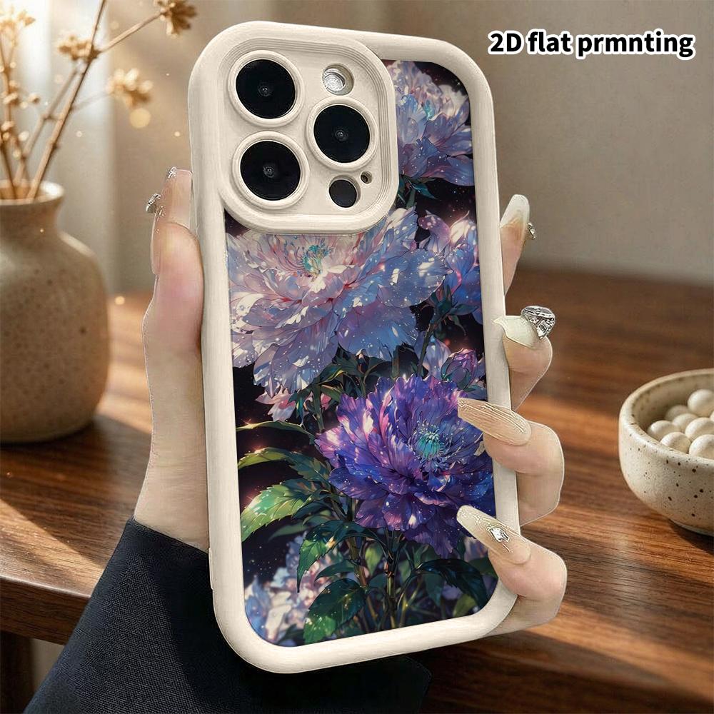 Phone Case: 2D flat design for iPhone 13-18 Pro, stepped protective case, iridescent starry peony, Christmas and Halloween gift