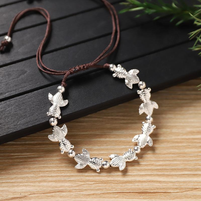 Handwoven Bracelet Retro Silver Copper Coin Small Fish Bracelet Niche Hand Rope Accessories Women