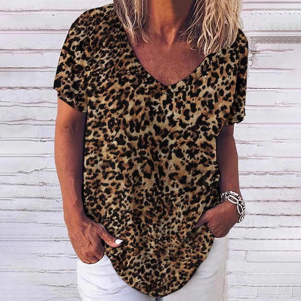 Leopard 3D Print T-shirt for Women Y2k Vintage Tops Harajuku Streetwear V-neck T-shirts Oversized Clothes for Women and Girl