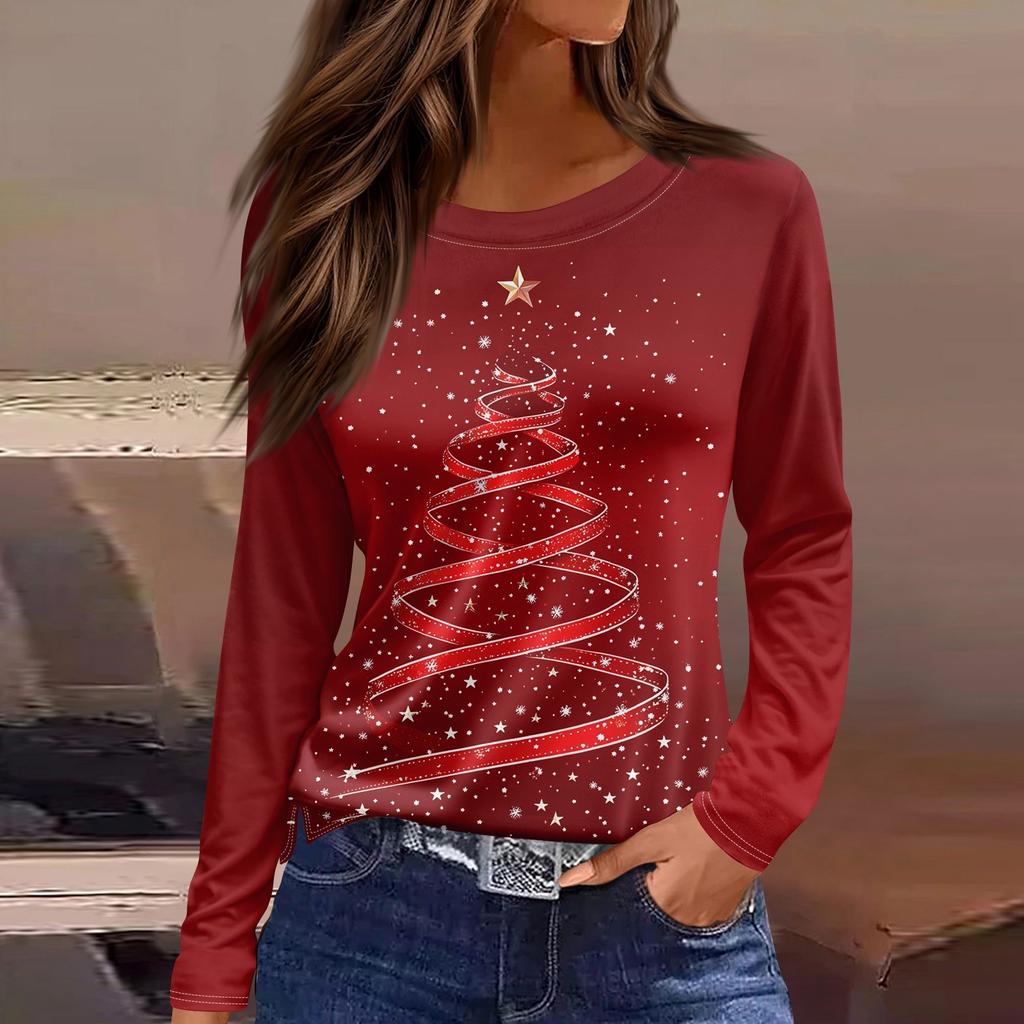 Длинные рукава женские топы цветочный принт винтажная мода повседневные свободные с R-образным вырезом рубашки больших размеров Рождество