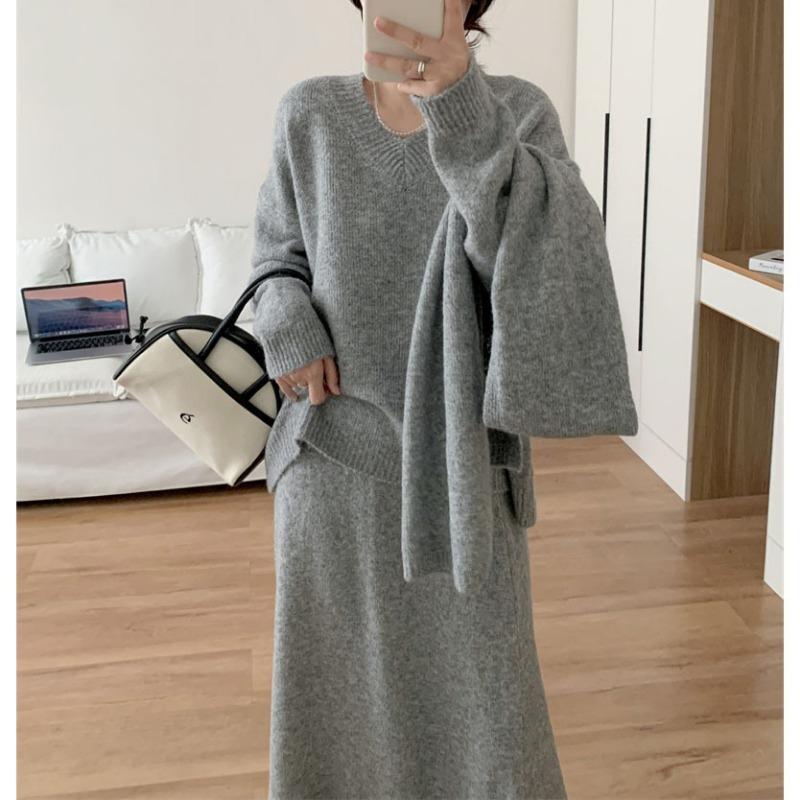 Осенне-зимний вязаный свитер-тройка женский новый ленивый повседневный свободный свитер юбка шарф комплект