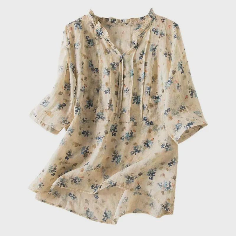 Летняя льняная рубашка с цветочным принтом и воротником-ушком