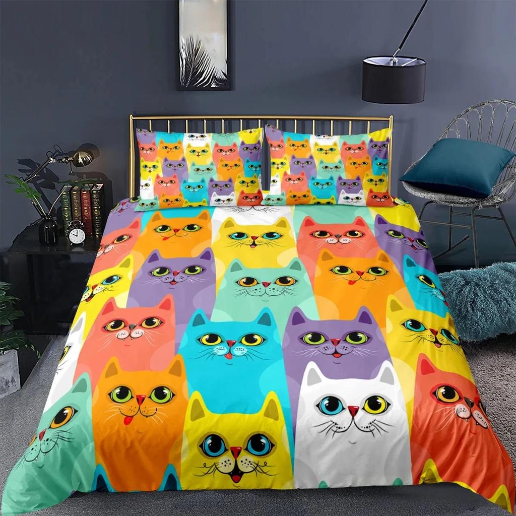 Cat Duvet Cover Polyester Pattern with Hipster Playful Feline Characters, Decorative 3 Piece Twin Bedding Set with 2 Pillow Sham