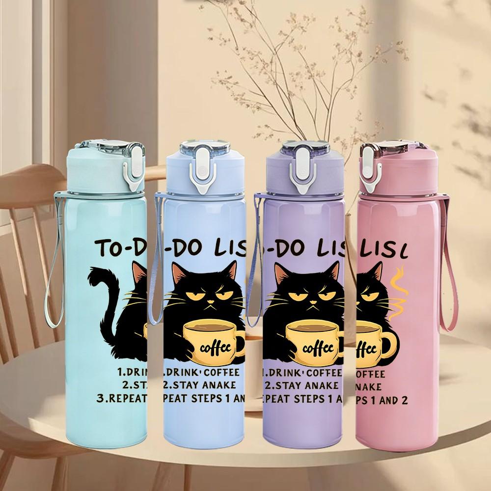 1PC To Do List Black Cat With Coffee 750ml Color Plastic Sports Water Bottle Leakproof Flip Straw Lid Suitable for Sports Office Home Use