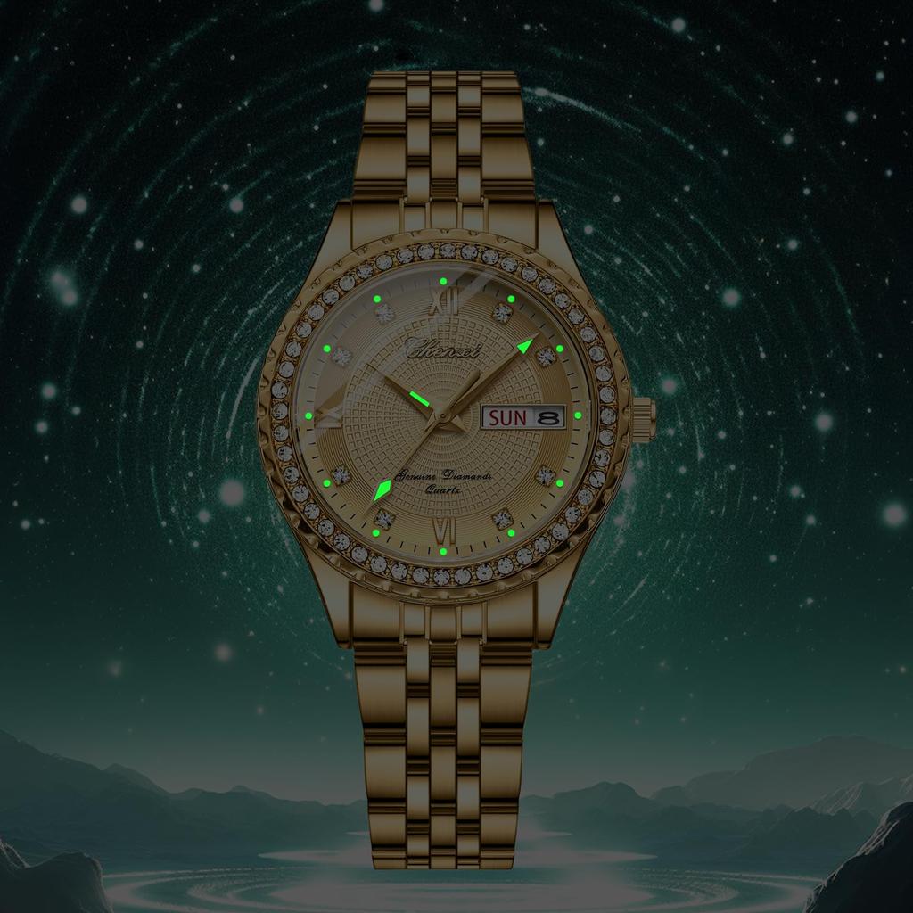 Stylish Women's Stainless Steel Gold Watch: Luminous Analog Display, Calendar, Day Display, 3ATM Water Resistance, Quartz Movement, Couple's Watch,