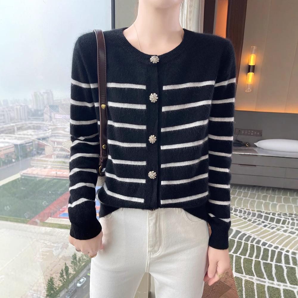 Women's Autumn Winter Cashmere Stripe Knit Cardigan - Round Neck, Versatile Loose Sweater