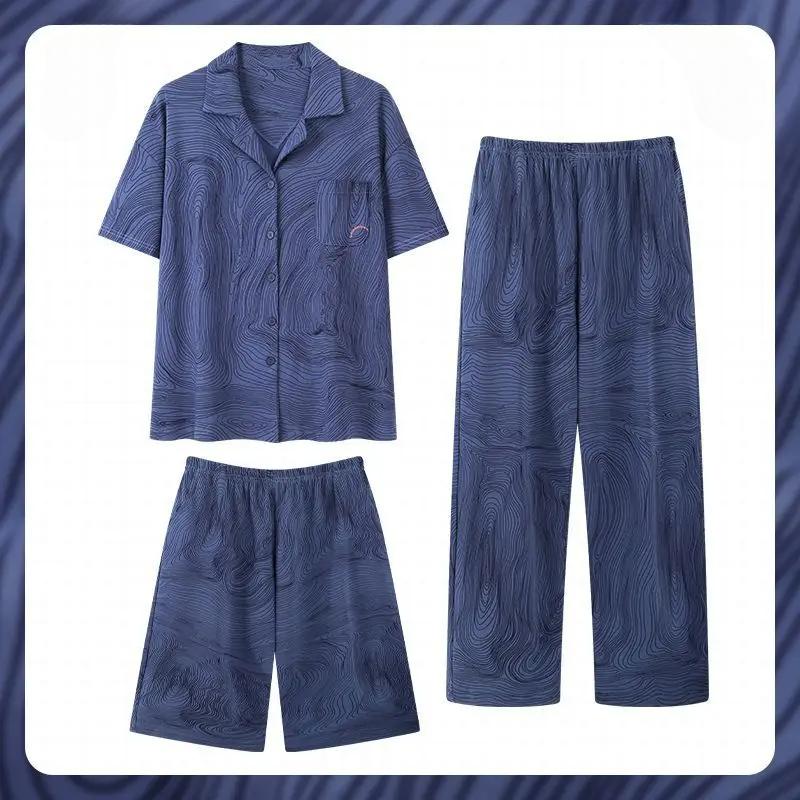 Мужская пижама, домашняя одежда, комплект из трех предметов из хлопка, мужские весенне-летние шорты с короткими рукавами, легкая пижама, домашняя одежда