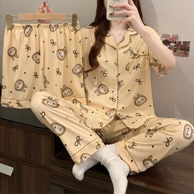 Пижама женская весенне-летняя с коротким рукавом, брюки, набор из трех предметов, милая домашняя одежда для девочки