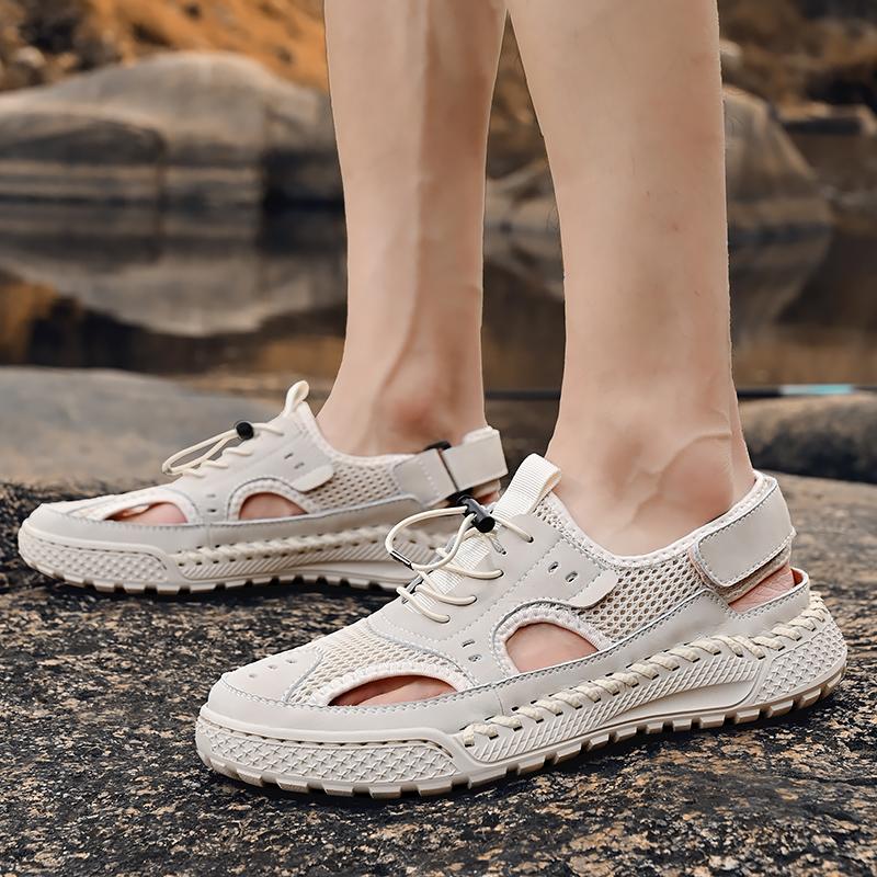 Летние сандалии мужские приливные кожаные с закрытым носком для активного отдыха и спорта, полые сандалии, пляжная обувь, ручная работа, сетчатая мужская обувь