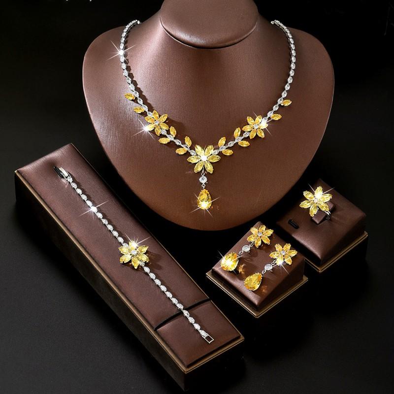 Elegant Floral Zircon Jewelry Set Women Green Blue Yellow Trio With Cross Chain Necklace Earrings Bracelet