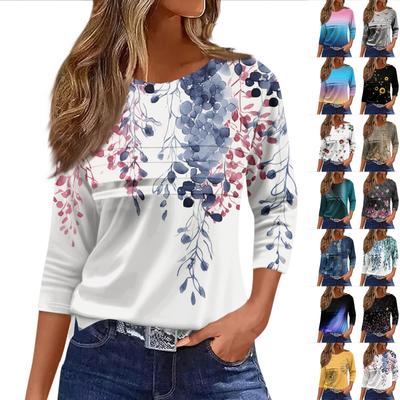 Футболки для женщин, плиссированные, с круглым вырезом, нарядные, повседневные, блузки с принтом, рукав 3/4, летние топы, свободный крой