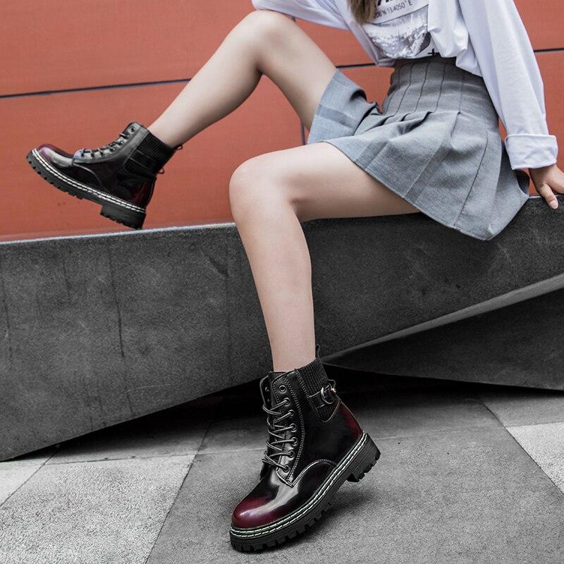 Женские мотоциклетные ботинки, зимняя обувь из мягкой кожи, черные Botas на танкетке, женские туфли на платформе со шнуровкой, женские винно-красные Botas Mujer
