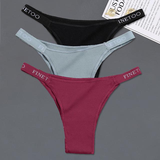 FINETOO Хлопковые трусики, 3 шт./компл., нижнее белье бикини с низкой посадкой, женские трусы с поясом и надписью, женские удобные трусы, женские трусики
