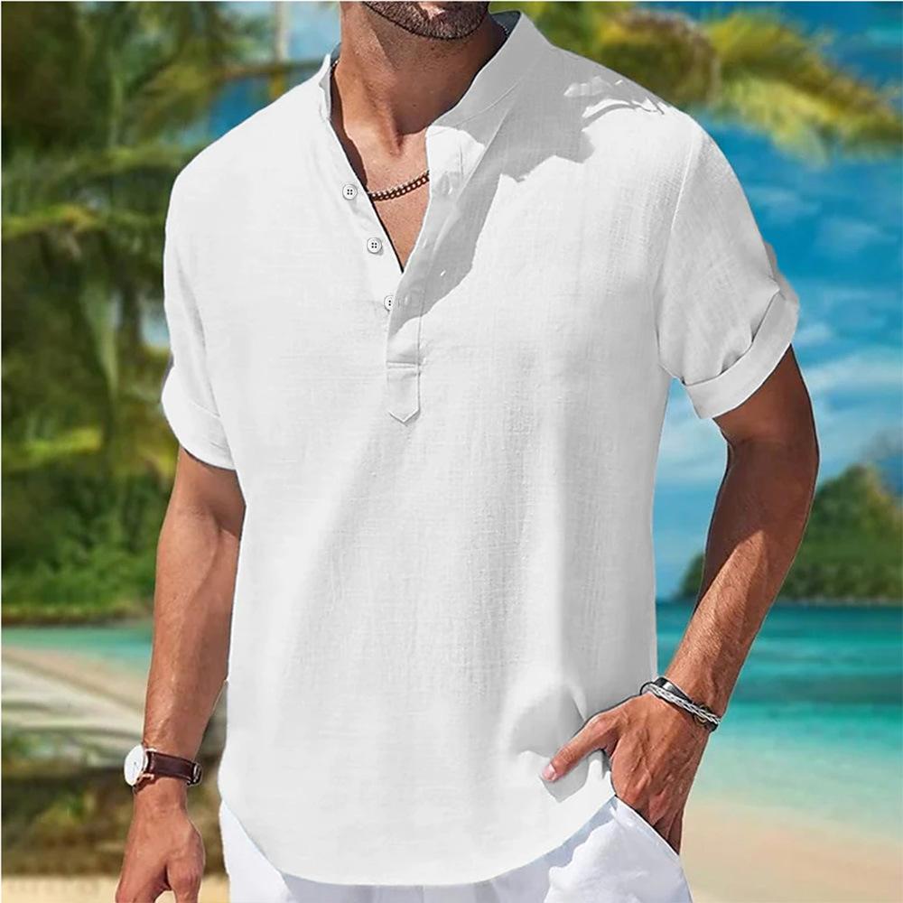 Summer Men's Oversized Shirt Youth Home Solid Color Short Sleeve Blouse Buttons Henry Collar Shirts Casual Men Top