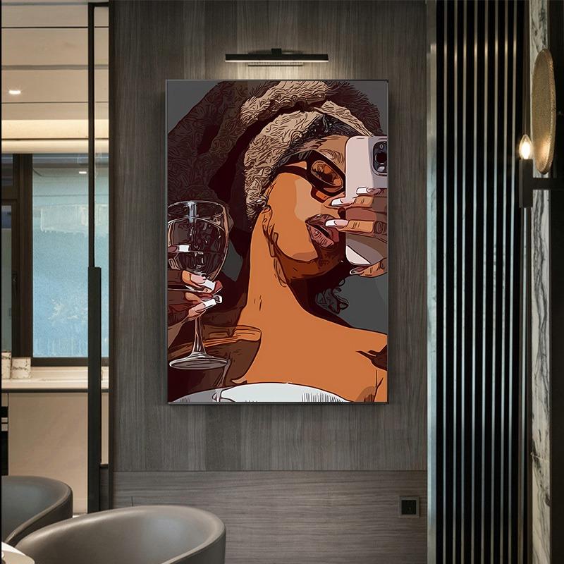 Fashion Black Girl Canvas Painting Hair Salon Champagne Wall Art Living Room Posters and Prints Home Decorations