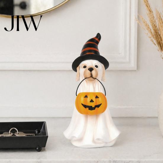 Cute Halloween Party Favors Ghost Dog Figurine, Wizard Hat Pumpkin Resin Statue, Tabletop Decor Festive for Entryway Bar Window Party, Lovely Holiday