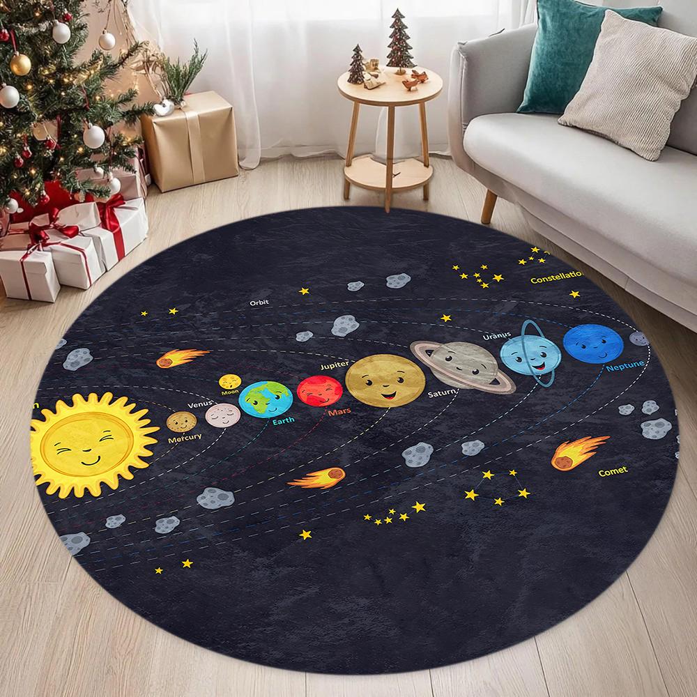 Tappeto rotondo a tema spazio rotondo Decorazione della casa Camera dei bambini Astronauta Razzo Pianeta Modello Tappetino antiscivolo Camera