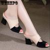 High Heel Slippers Women Summer Mid-heel Fish Mouth Slippers Thick Heel Sandals Patent Leather Rhinestone Women Sandals